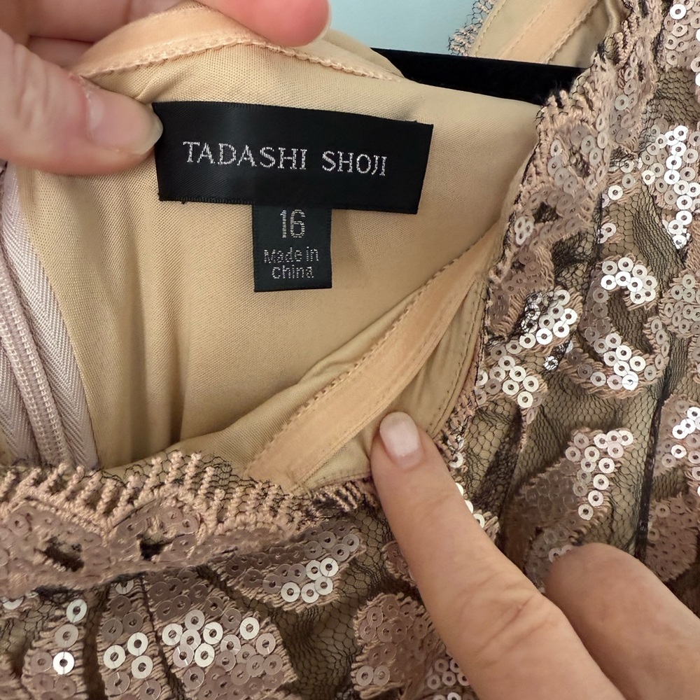 Tadashi Shoji Gold Sequin Off-the-Shoulder Gown - Picture 5 of 7